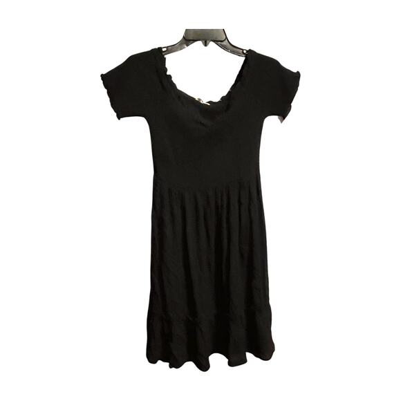 Black Smocked Tiered Mini Dress Cottagecore Skater Babydoll Fit Flowy M - Picture 3 of 7